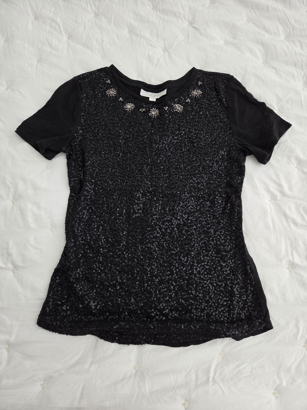 LOFT Black Sequin Short Sleeve Tee with Beaded Neckline